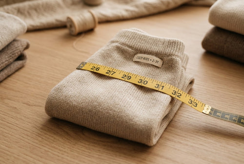 Pull enfant plié mesuré au mètre ruban, étiquette Cozy Kids 2-3 ans