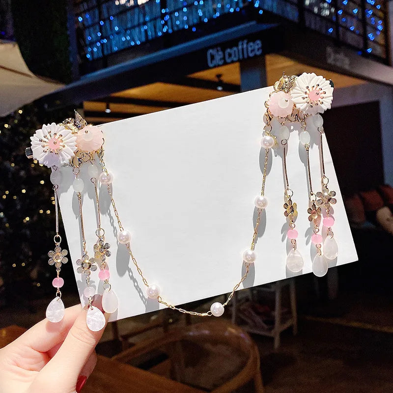 Chinese Style Children'S Flower Hairpin Girl Long Chain Hair Clips Retro Hanfu Accessories Tassel Forehead Barrettes Headdress