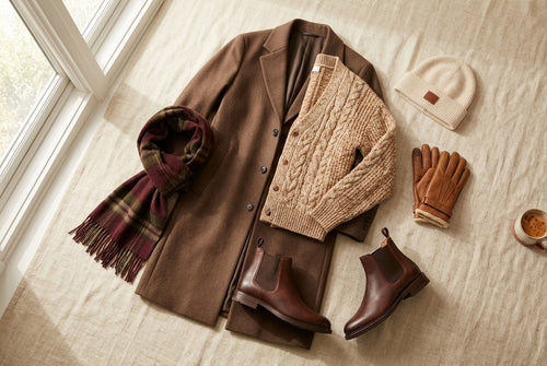 Flat-lay hiver : manteau, écharpe, cardigan, bonnet, gants et bottines