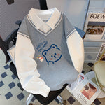 Haut Trompe-l'œil 2-en-1 "Hello Saturday Bear" — Pull & Chemise Blanche (8 Coloris)