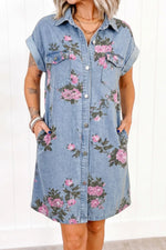 Robe Chemise en Jean Imprimé Fleuri