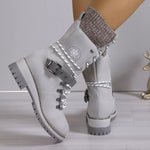Bottes Mi-Mollet Grises à Lacets & Sangles Bijoux — Style Chic Alpine & Kawaii Distingué