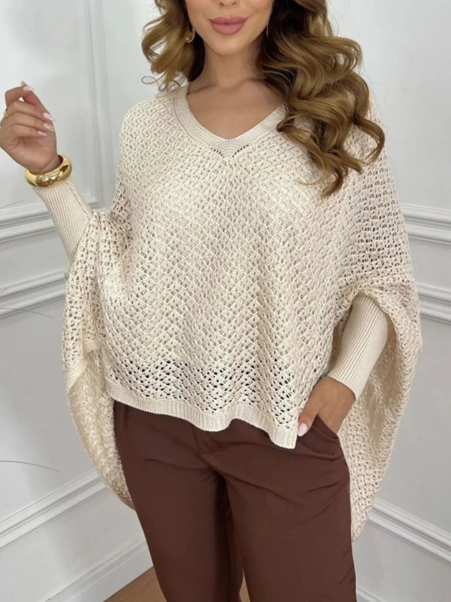 Pull Oversize Col V Crochet Manches Chauve-Souris