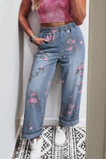 Jean Imprimé Fleuri Large Taille Élastique