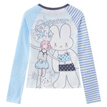 T-Shirt Manches Longues Fille "Graystar Rabbit & Girl" — Bleu Ciel & Rayures Asymétriques