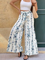 Pantalon Large Imprimé Fleuri Nœud Devant