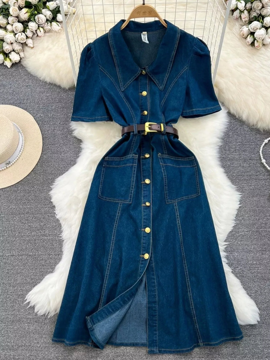 Robe en Jean Boutonnée Manches Courtes