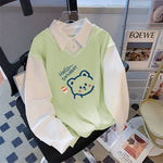 Haut Trompe-l'œil 2-en-1 "Hello Saturday Bear" — Pull & Chemise Blanche (8 Coloris)