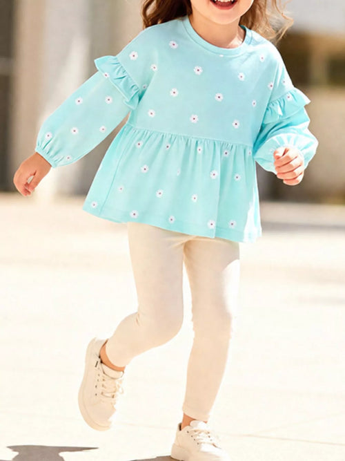 Ensemble Haut Fleuri Manches Ballon & Pantalon Fille