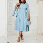 Robe Élégante Mi-Longue Grande Taille à Col Rond & Détails Perlés