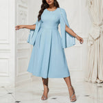 Robe Élégante Mi-Longue Grande Taille à Col Rond & Détails Perlés