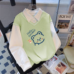 Haut Trompe-l'œil 2-en-1 "Hello Saturday Bear" — Pull & Chemise Blanche (8 Coloris)