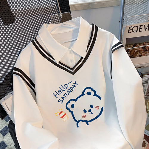 Haut Trompe-l'œil 2-en-1 "Hello Saturday Bear" — Pull & Chemise Blanche (8 Coloris)