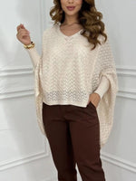 Pull Oversize Col V Crochet Manches Chauve-Souris