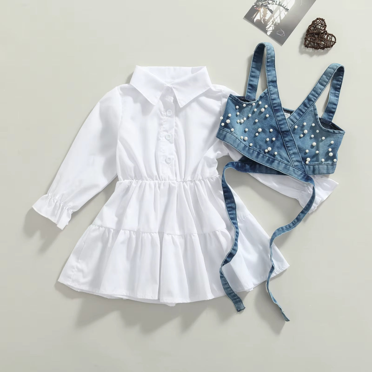 2022 Fashion Children Baby Girl Clothes Solid Color Long Sleeve Shirt Dress Denim Beading Vest 2Pcs Outfits Clothes