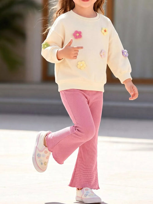 Ensemble Sweat Col Rond Fleuri & Pantalon Évasé Côtelé Enfant