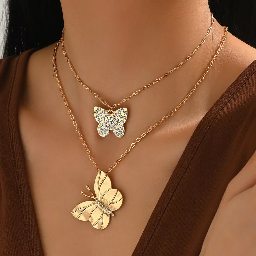Collier Strass Papillon 2 Pièces Plaqué Or 18K