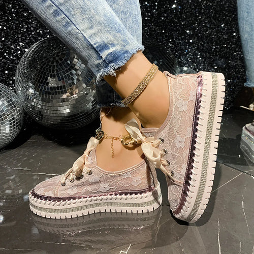 Baskets Basses en Dentelle & Lacets Ruban — Style Chic Kawaii & Glamour