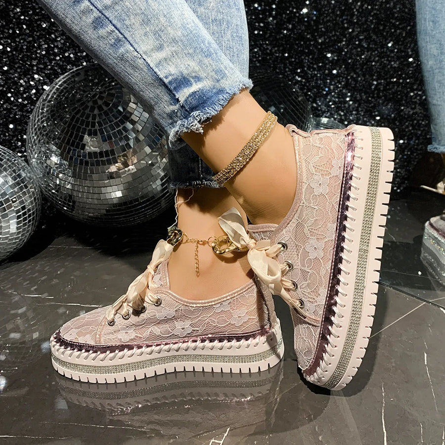 Baskets Basses en Dentelle & Lacets Ruban — Style Chic Kawaii & Glamour