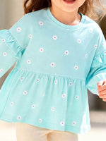 Ensemble Haut Fleuri Manches Ballon & Pantalon Fille