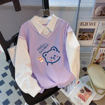 Haut Trompe-l'œil 2-en-1 "Hello Saturday Bear" — Pull & Chemise Blanche (8 Coloris)