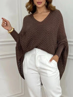 Pull Oversize Col V Crochet Manches Chauve-Souris