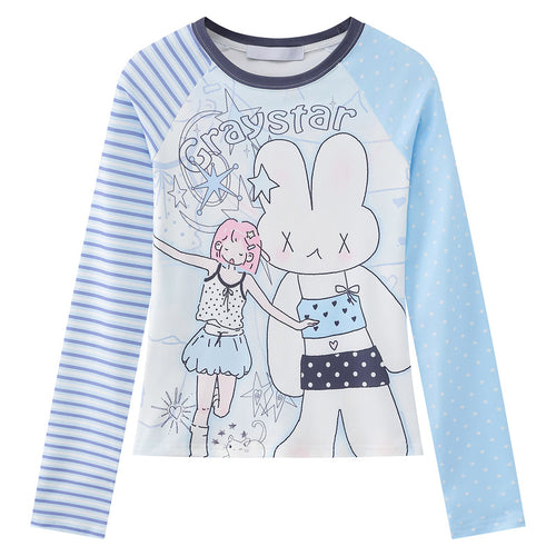 T-Shirt Manches Longues Fille "Graystar Rabbit & Girl" — Bleu Ciel & Rayures Asymétriques
