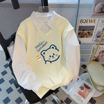 Haut Trompe-l'œil 2-en-1 "Hello Saturday Bear" — Pull & Chemise Blanche (8 Coloris)