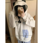Sweat à Capuche Rose Kawaii à Carreaux & Broderies Chat