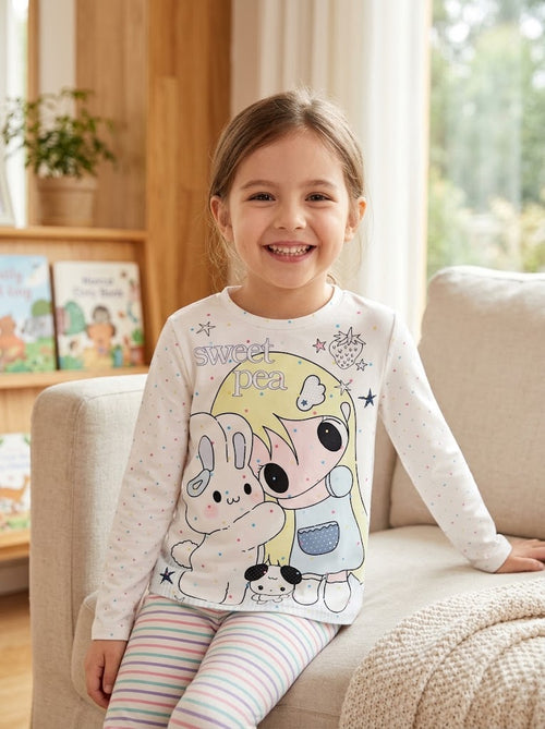T-Shirt Manches Longues Fille "Sweet Pea & Friends" — Blanc Confettis Pastel
