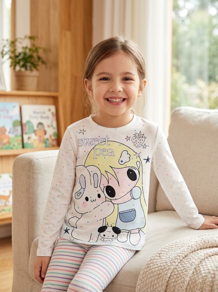 T-Shirt Manches Longues Fille "Sweet Pea & Friends" — Blanc Confettis Pastel
