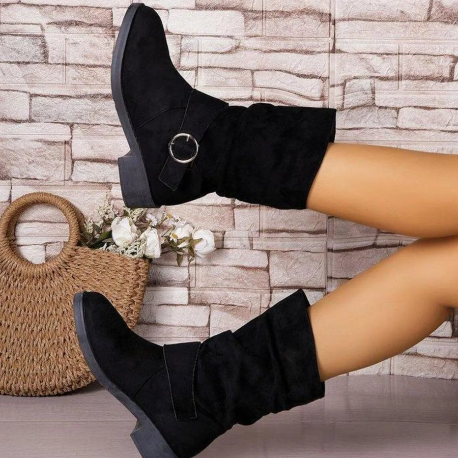 Bottes Mi-Mollet Slouchy en Suédine Noire à Boucle — Style Chic Kawaii & Rock Romantique
