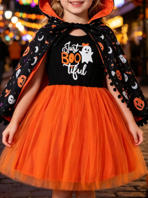Ensemble Robe Fantôme & Cape à Capuche Halloween Fille