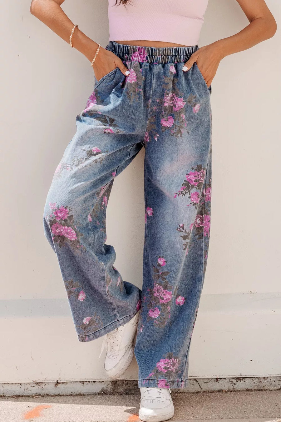 Jean Imprimé Fleuri Large Taille Élastique