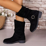 Bottes Mi-Mollet Slouchy en Suédine Noire à Boucle — Style Chic Kawaii & Rock Romantique