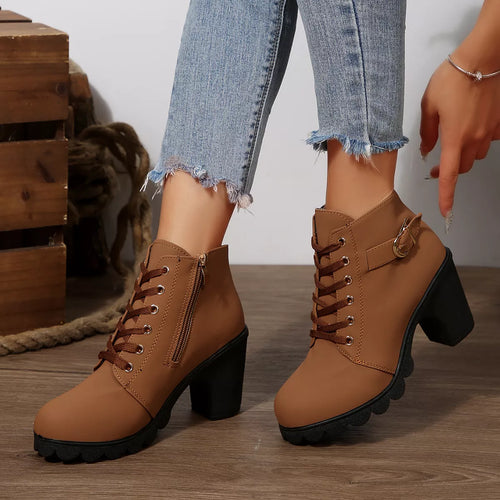 Bottines À Lacets Boucle Talon Épais