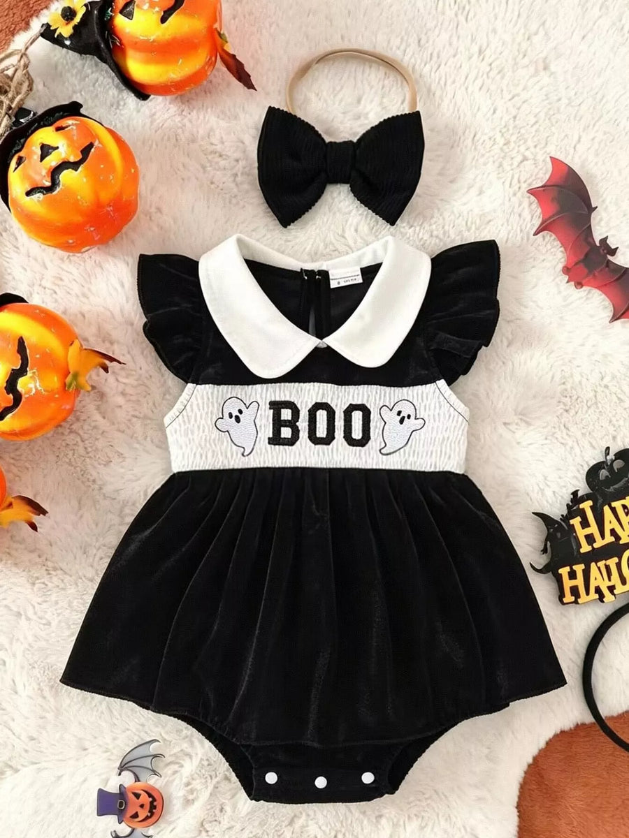 Ensemble Robe Fantôme Velours & Headband Nœud Halloween Fille