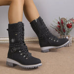 Bottes Mi-Mollet Grises à Lacets & Sangles Bijoux — Style Chic Alpine & Kawaii Distingué