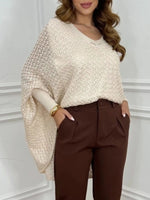 Pull Oversize Col V Crochet Manches Chauve-Souris