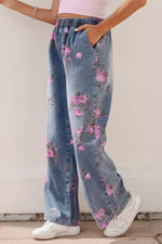 Jean Imprimé Fleuri Large Taille Élastique