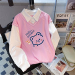 Haut Trompe-l'œil 2-en-1 "Hello Saturday Bear" — Pull & Chemise Blanche (8 Coloris)