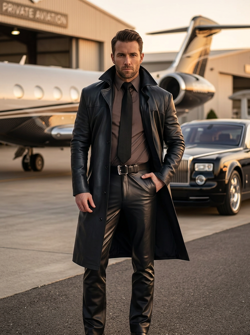 Manteau Long en Cuir Noir & Ensemble Sophistiqué — Esprit Executive Luxury