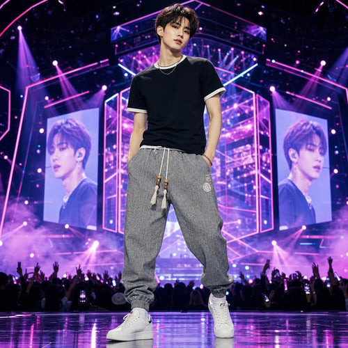 Pantalon Jogger Chiné à Cordon Tressé — Style Streetwear & K-Pop Vibe