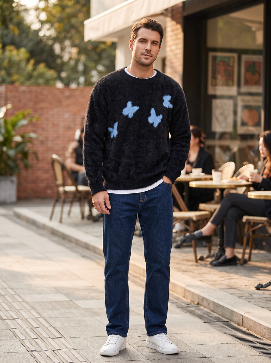 Pull Moelleux Noir à Motifs Papillons Bleus — Esprit Modern Casual